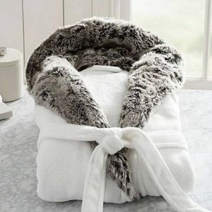 Pottery Barn Faux Fur Robe, Ivory/Gray Ombre